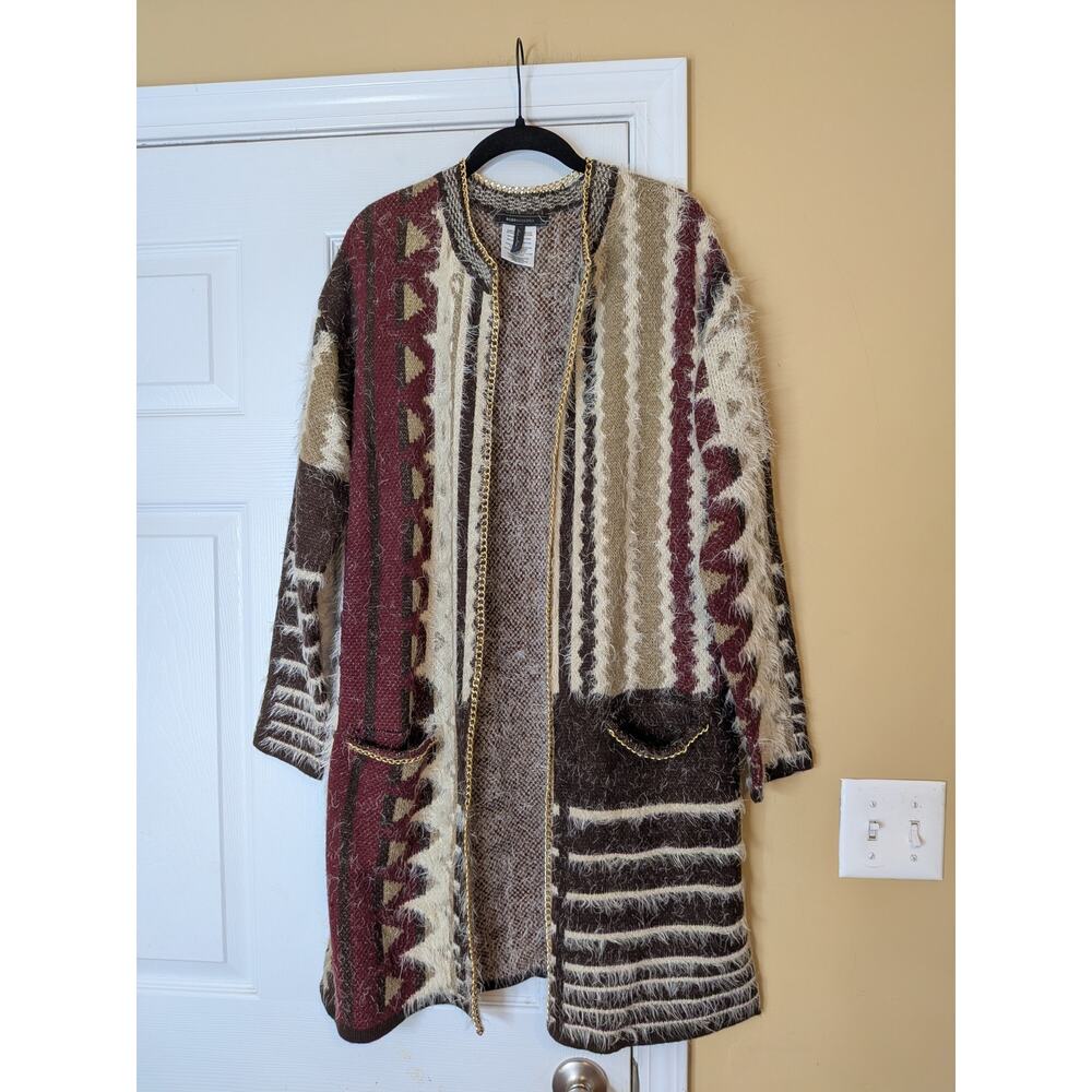 BCBGMAXAZRIA Faux Fur Open Front Cardigan Size Large Boho Knit Duster Jacket
